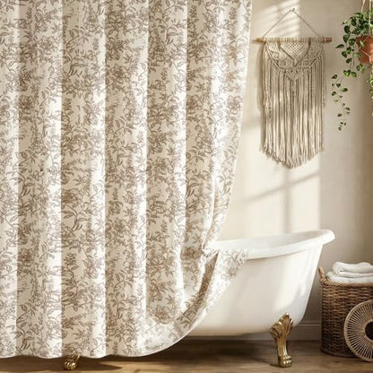 Farmhouse Brown Floral Shower Curtain with 12 Clear Rings 72"W x 72"L