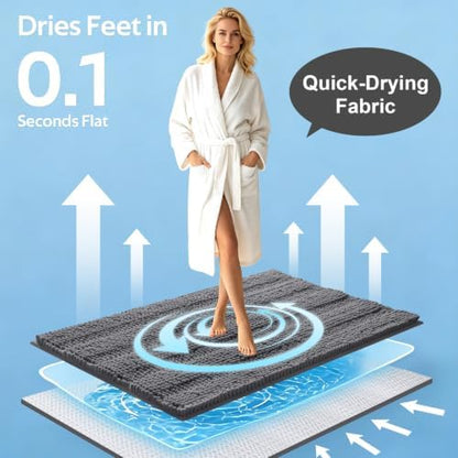 Striped Grey Bathroom Rug Mat Set 2 piece 32"x20"+24"x17" Ultra Soft, Non Slip Chenille Bath Rugs, Absorbent Plush Shaggy Bath Mats for Bathroom, Bedroom, Kitchen, Shower, Tub,Dark Gray, Charcoal