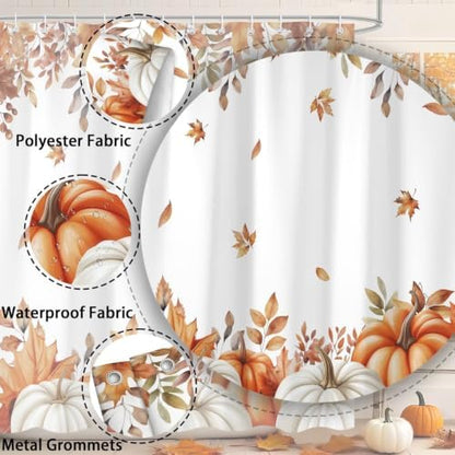 Fall Pumpkins Shower Curtain, Autumn Maple Leaf Leaves Harvest Thanksgiving Farmhouse Bathr Curtains Set,Waterproof Fabric Bathroom Curtains Decor 72X78IN