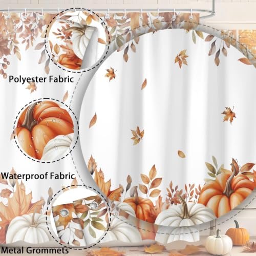 Fall Pumpkins Shower Curtain, Autumn Maple Leaf Leaves Harvest Thanksgiving Farmhouse Bathr Curtains Set,Waterproof Fabric Bathroom Curtains Decor 60X72IN