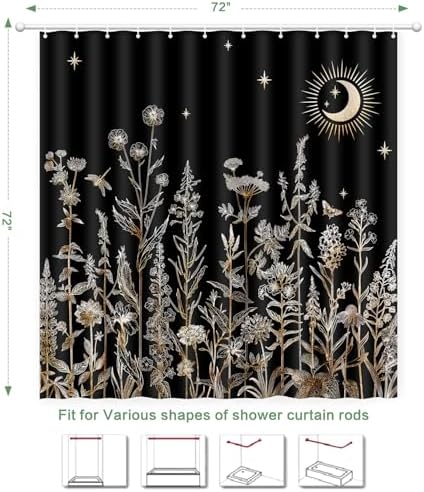 Shower Curtain Black Floral, Vintage Botanical Flowers Shower Curtain for Bathroom with Hooks, Polyester Waterproof shower curtain Machine Washable Farmhouse Home Decor Bath Curtain 72x72 Inch