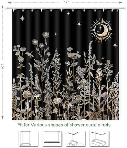 Shower Curtain Black Floral, Vintage Botanical Flowers Shower Curtain for Bathroom with Hooks, Polyester Waterproof shower curtain Machine Washable Farmhouse Home Decor Bath Curtain 72x72 Inch