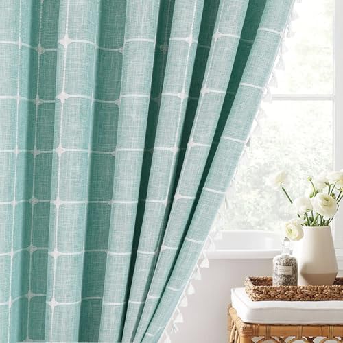 Boho Farmhouse Classic Plaid Linen Tassel Shower Curtain Teal Blue,72x84