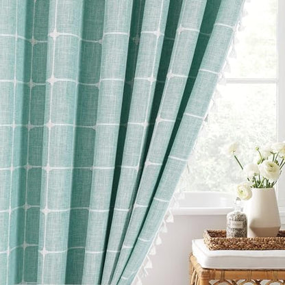 Boho Farmhouse Classic Plaid Linen Tassel Shower Curtain Teal Blue,72x84