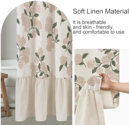 ORTIGIA Linen Textured Ruffle Shower Curtain with Metal Hooks, Vintage Light Pink Hydrangea Floral Boho Waterproof Bath Curtain for Rustic Farmhouse Bathroom Decor 72x72 Inch