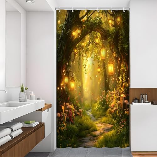 Fantasy Forest Path Shower Curtain Yellow Fairy Magical Enchanted Misty Jungle Mushroom Floral Tree Butterfly Lantern Wonderland Bath Curtain Fabric Bathroom Accessories Decor with Hooks 47W x70L