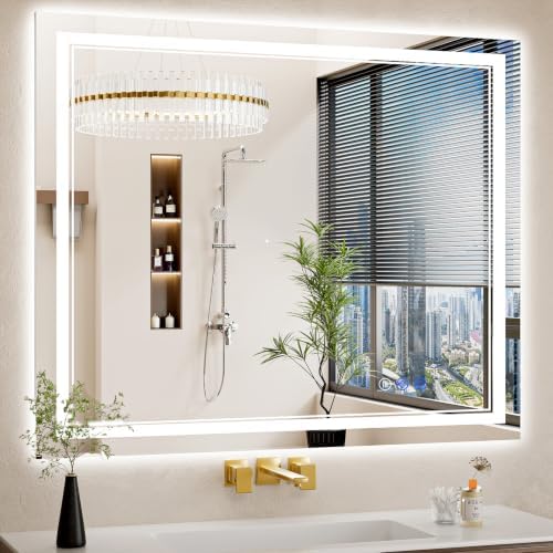 36"x44" LED Bathroom Mirror with Lights, Anti-Fog, Backlit + Front Lit, Dimmable, Led Vanity Mirror for Wall, Lighted Bathroom Mirror, 14 Colors, Shatter-Proof Tempered Glass