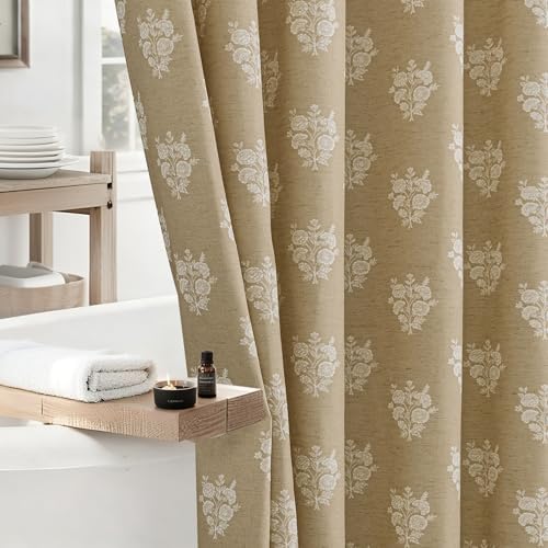 ORTIGIA Linen Textured Ruffle Shower Curtain with Metal Hooks, Brown Vintage Block Print Floral Boho Waterproof Bath Curtain for Rustic Farmhouse Bathroom Decor 72x72 Inch