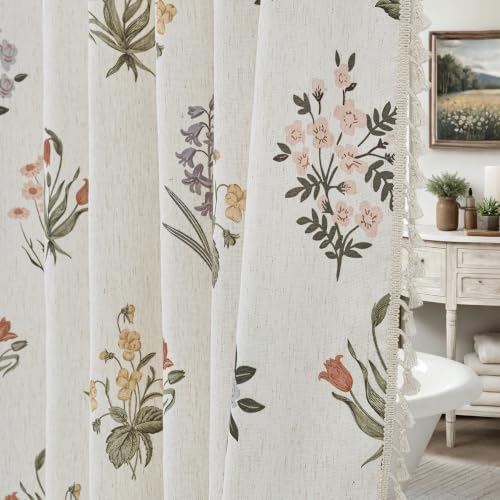 ORTIGIA Linen Textured Shower Curtain with Tassels,Vintage Floral Boho Cottagecore Waterproof Bath Curtain Metal Hooks for Rustic Farmhouse Bathroom Decor 72x72 Inch