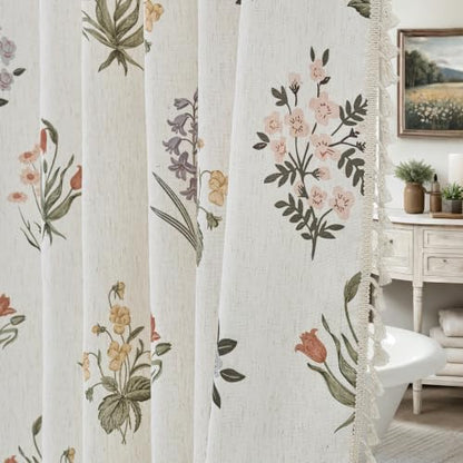 ORTIGIA Linen Textured Shower Curtain with Tassels,Vintage Floral Boho Cottagecore Waterproof Bath Curtain Metal Hooks for Rustic Farmhouse Bathroom Decor 72x72 Inch