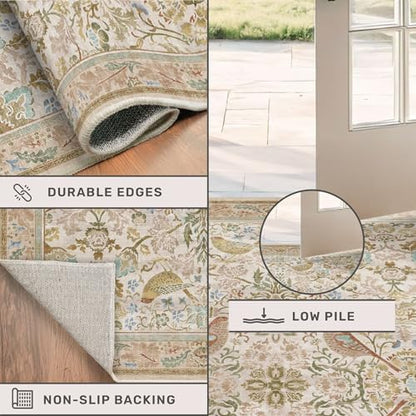 Hazo Haus Beige 6ft Round Rug for Living Room - Floral Circle Area Rug for Bedroom Kids Room, Home Office, Washable Low Pile Non Slip, Vintage Beige Taupe Botanical & Bird Pattern, Boho Indoor Décor