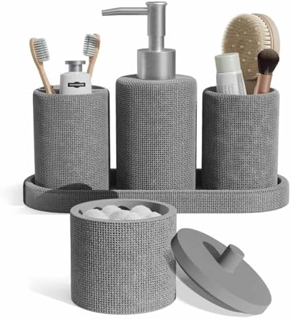 Clara Clark Bathroom Set - Grey Bathroom Accessories Set, 5PC Bathroom Accessory Set, Bathroom Sets with Soap Dispenser, Toothbrush Holder, Tumbler, Cotton Swab Jar & Vanity Tray