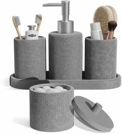 Clara Clark Bathroom Set - Grey Bathroom Accessories Set, 5PC Bathroom Accessory Set, Bathroom Sets with Soap Dispenser, Toothbrush Holder, Tumbler, Cotton Swab Jar & Vanity Tray