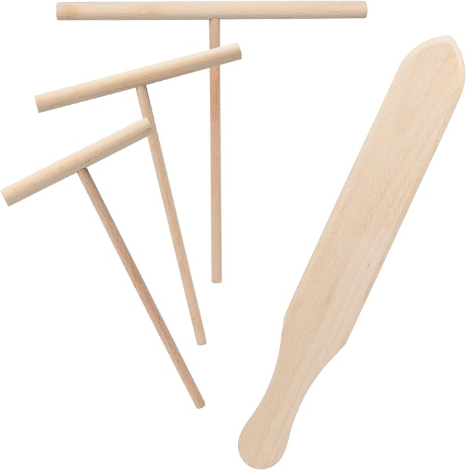 Crepe Spreader and Spatula Set – 4-Pack Natural Wood Pancake Tools with 3 T-Shaped Spreaders (3.5", 5", 7") & 13.4" Turner – Fits Any Crepe Pan or Maker