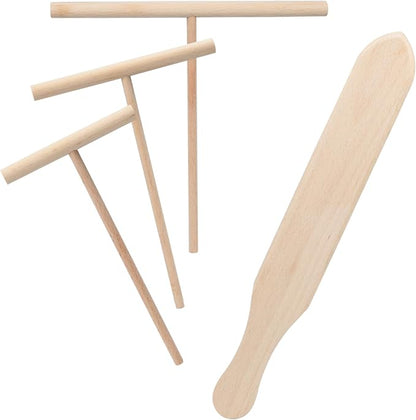 Crepe Spreader and Spatula Set – 4-Pack Natural Wood Pancake Tools with 3 T-Shaped Spreaders (3.5", 5", 7") & 13.4" Turner – Fits Any Crepe Pan or Maker