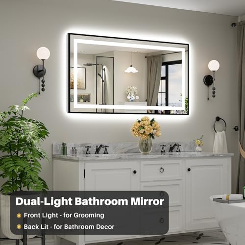 55x30 Inch LED Bathroom Mirror with Black Frame, Backlit & Front Lit