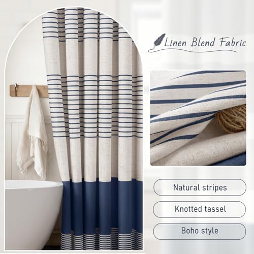 Navy Blue Coastal Ocean Linen Striped Shower Curtain with Tassel 48W X 72L