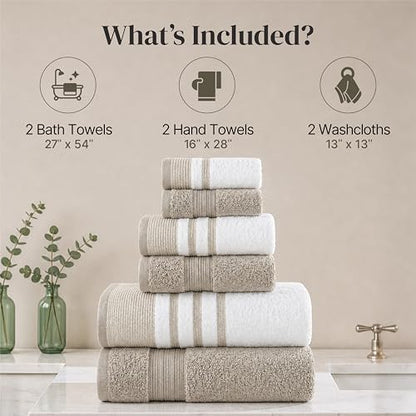 Modern Threads 6 Piece Bath Towel Set – Bathroom Towel Set with 2 Bath Towels, 2 Hand Towels & 2 Washcloths – 100% Cotton, Soft & Absorbent – Classic Border Stripe (Brown)