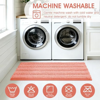 ACCUMTEK Striped Coral Bathroom Rug Mat Set 2 piece 24"x17"+48"x20" Ultra Soft, Non Slip Chenille Bath Rugs, Absorbent Plush Shaggy Bath Mats for Bathroom, Bedroom, Kitchen, Shower, Tub