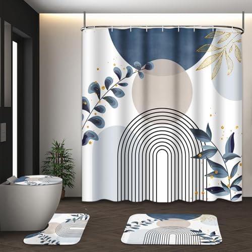 Bathroom Sets with Shower Curtain and Rugs, 4 Pcs, Boho Leaves