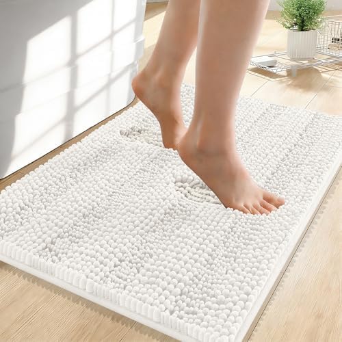 OLANLY Thick Small Bathroom Rugs 24x16, Soft Chenille Bath Rugs, Ivory