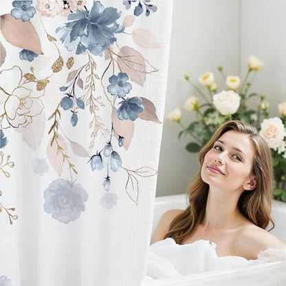 Floral Flower Shower Curtain Set with 12 Hooks,Blue,Thick 120GSM 72 x 72"