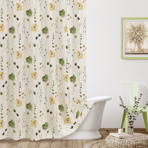 Gibelle OliveGreen Linen Watercolor Floral Fabric Shower Curtain, 72x72