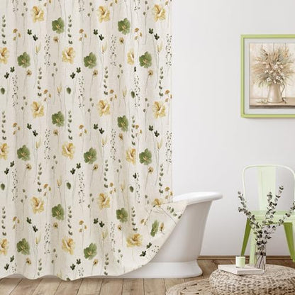 Gibelle OliveGreen Linen Watercolor Floral Fabric Shower Curtain, 72x72