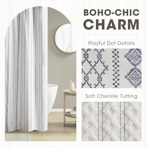 INK+IVY Tufted Chenille 100% Cotton Shower Curtains Machine Washable, Modern Home Bathroom Décor Bathtub Privacy Screen, 72" W x 72" L, White/Navy (Pack of 4)