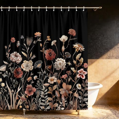 Vintage Boho Black Floral Shower Curtain, Beige Brown Cream Tan Rustic Farmhouse Flower Shower Curtain Set, Cute Botanical Wlidflowers Fabric Shower Curtains Decoration, 72X84 Bathroom Accessories