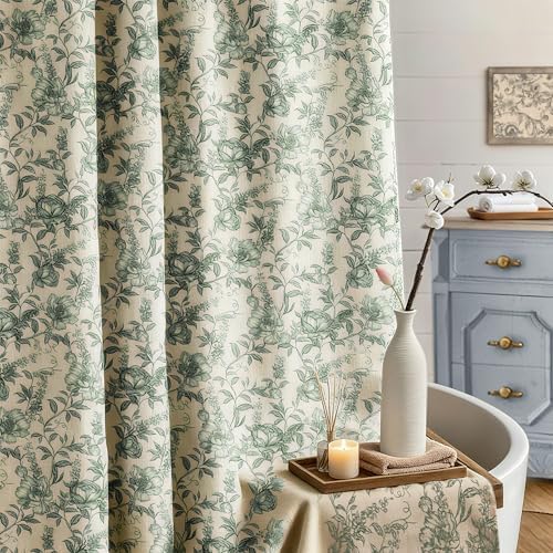 Farmhouse Sage Green Floral Shower Curtain with 12 Clear Rings 72"W x 84"L