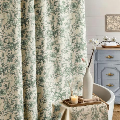 Farmhouse Sage Green Floral Shower Curtain with 12 Clear Rings 72"W x 84"L