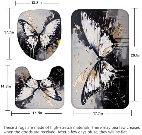 Chrainy 4pcs White Butterfly Shower Cutain Set Bathroom Decor with Rugs