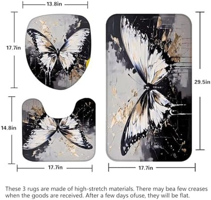 Chrainy 4pcs White Butterfly Shower Cutain Set Bathroom Decor with Rugs