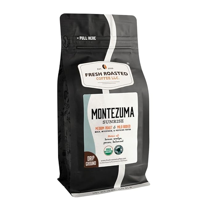 Fresh Roasted Coffee, Organic Montezuma Sunrise Whole Bean Coffee, Medium Roast, USDA Organic, 3rd Party Tested for Mold, Mycotoxin & Pesticides, Kosher, 12 oz