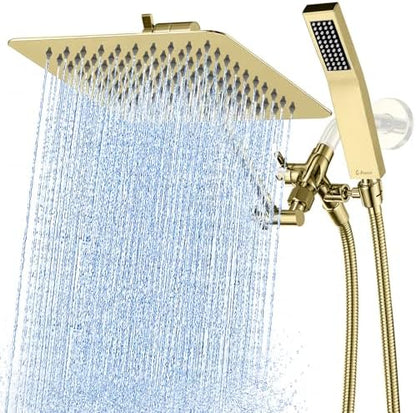 G-Promise All Metal 10" Dual Square Shower Head Combo | Rain Shower Head | Handheld Shower Wand | Adjustable | 3-Way Diverter | 71" Extra Long Hose - A Bathroom Upgrade (Polished Brass)