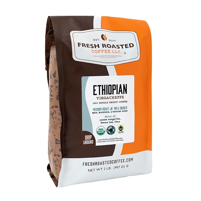 Fresh Roasted Coffee, Organic Ethiopian Yirgacheffe | USDA Organic, Mold & Myco 3rd Party Tested, Kosher | 2 lb (32 oz, Ground
