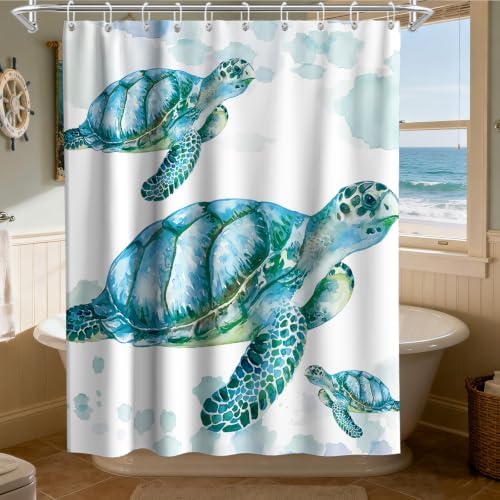 Ocean Coastal Nautical Shower Curtain, Tropical Turtle Luxury Shower Curtains for Bathroom Decor and Accessories, Waterproof Shower Curtain Set with Hooks, Machine Washable Fabric 60 x 72 inch Teal