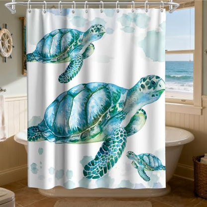 Ocean Coastal Nautical Shower Curtain, Tropical Turtle Luxury Shower Curtains for Bathroom Decor and Accessories, Waterproof Shower Curtain Set with Hooks, Machine Washable Fabric 60 x 72 inch Teal