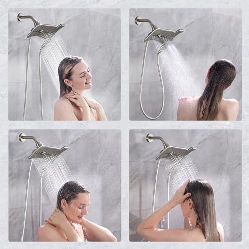 BRIGHT SHOWERS High Pressure Shower Head Combo with Two Spray Setting Fixed Shower Head and Two Spray Settings Handheld Shower Head with Grey Face, Brushed Nickel