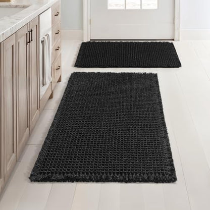 MIULEE Set of 2 Waffle Bathroom Rugs Boho Bath Mat Black 17"x24"+18"x30"