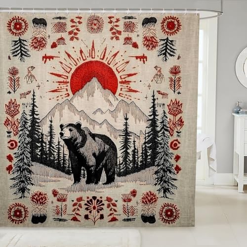 Lodge Cabin Bear Shower Curtain for Bathroom Decor Country Rustic Bath Curtain for Stalls Bathtubs Western Boho Bathroom Accessories Botanical Floral Waterproof Polyester Fabric with 12 Hooks 72"x78"