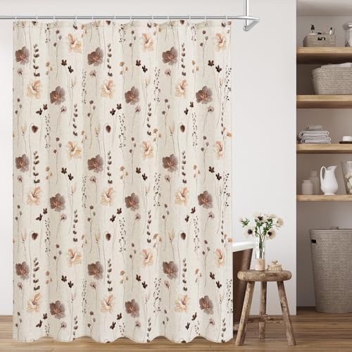 Gibelle Brown Linen Watercolor Floral Fabric Shower Curtain, 72x72