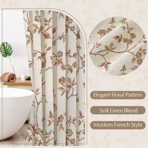 MitoVilla Brown Linen Floral Shower Curtain for Bathroom, 72 x 72