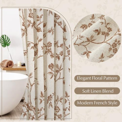 MitoVilla Brown Linen Floral Shower Curtain for Bathroom, 72 x 72