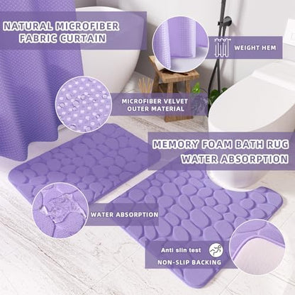 XLHOMO Bathroom Accessories Set - 25PC Bathroom Sets with Shower Curtain and Rugs, Purple Bathroom Accessories with Trash Can, Soap Dispenser, Soap Dish & Toilet Brush