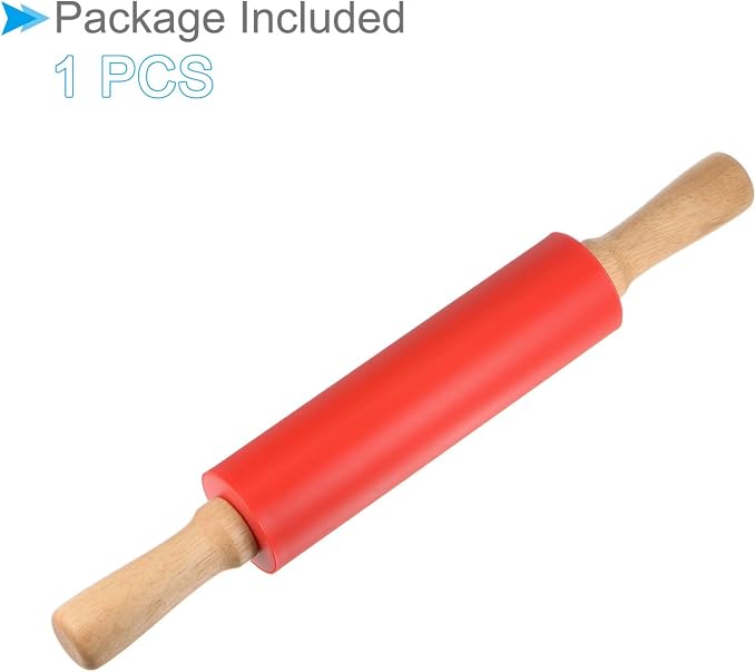 Silicone Rolling Pins, 15" Length, Silicone & Oak Non-Stick Ergonomic Wooden Handle Fondant Dough Roller Red - (Applications: for Baking DIY Projects)