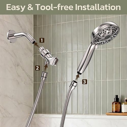 JDO Handheld Shower Head, 6 Spray Settings, Brushed Nickel Finish