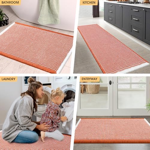 IM HOME Waffle Bath Mat Orange & Cream 4'x2', Boho Woven Modern Bath Mat Rugs, Absorbent Non Slip Bathroom Rugs, Soft Washable Bath Rugs with Tassels for Bathroom, Bedroom, Kitchen, Shower, Tub