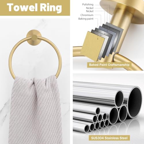 6 Pieces Brushed Gold Towel Bar Bathroom Hardware Set, 23.6Inch Brushed Gold Bathroom Accessories Towel Holder Set, SUS304 Stainless Steel Towel Racks for Bathroom